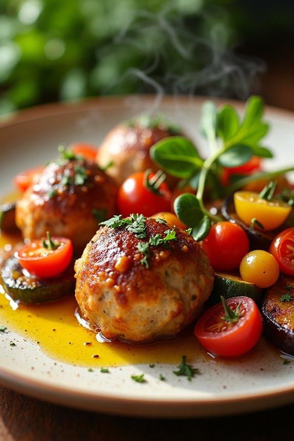 colorful veggie ratatouille accompany chicken meatballs