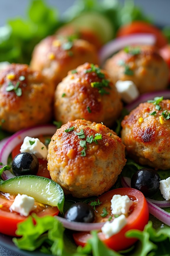 crisp greek salad brightens meatballs